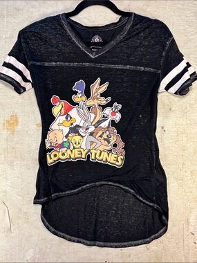 Looney Tunes Black Short Sleeve Graphic Tee with White Sleeve Stripes